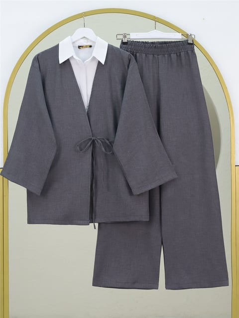 Önden Bağlamalı Pantolonlu Kimono Takım   -Füme-Takım-223-3000-R18