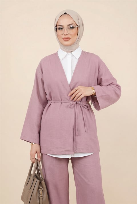 Önden Bağlamalı Pantolonlu Kimono Takım      -Pudra-Takım-223-3000-R06