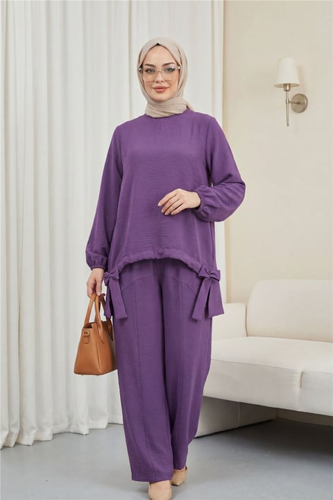 Önden Büzmeli Şalvar Pantolon Ayrobin Salaş Takım   -Lila-Takım-349-5033-R42