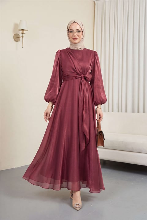 Önden Çapraz Bağlama Detaylı Janjan Kumaş Elbise  -Bordo-Abiye-386-6219-R04