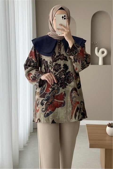 Önlük Yaka Yarım Düğmeli Yırtmaçlı Kapitone Tunik  -Bej-Tunik-307-0042-R56