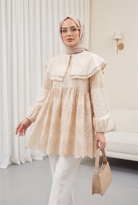 Önlük Yakalı Kolu Lastikli Fistolu Tunik -Bej-Tunik-144-1420-R56