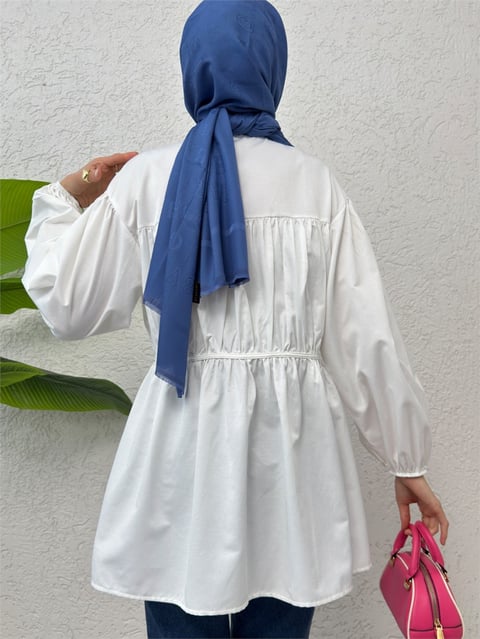 Önü Bağcık Detaylı Boydan Düğmeli Gömlek Tunik -Ekru-Gömlek-307-2252-R07