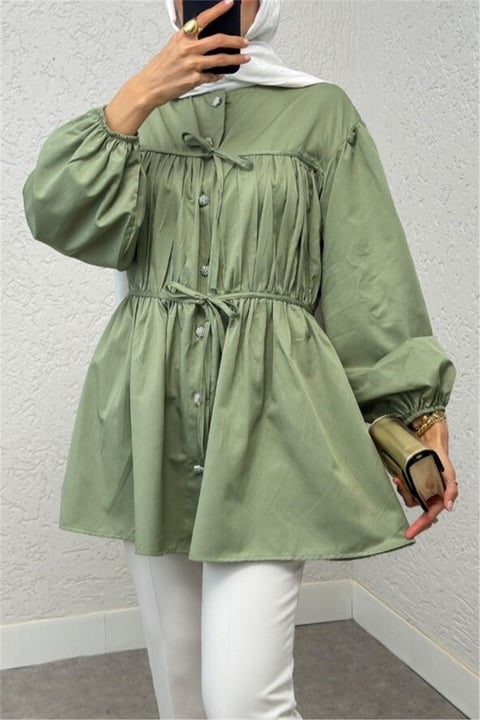 Önü Bağcık Detaylı Boydan Düğmeli Gömlek Tunik -Mint-Gömlek-307-2252-R24