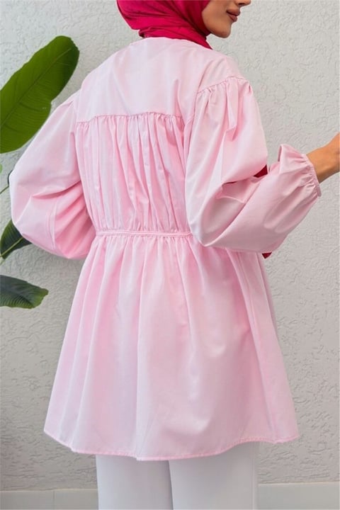 Önü Bağcık Detaylı Boydan Düğmeli Gömlek Tunik -Pudra-Gömlek-307-2252-R06