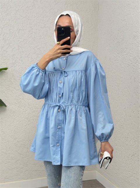 Önü Bağcık Detaylı Boydan Düğmeli Gömlek Tunik -Bebe Mavi-Gömlek-307-2252-R32
