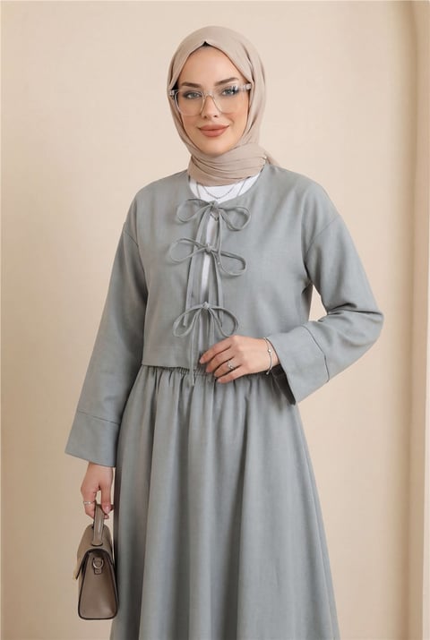 Önü Bağcıklı Beli Lastikli Etekli Keten Takım        -Gri-Takım-346-30421-R11