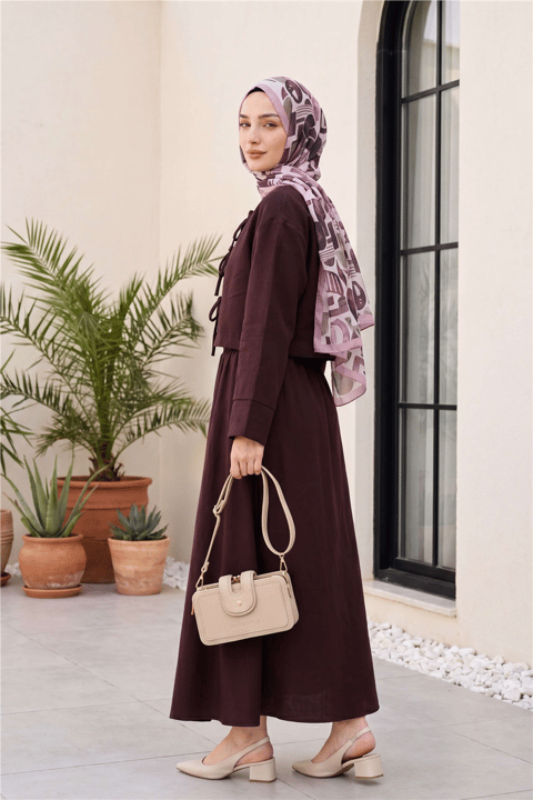 Önü Bağcıklı Beli Lastikli Etekli Keten Takım         -Koyu Mor-Takım-346-30421-R80