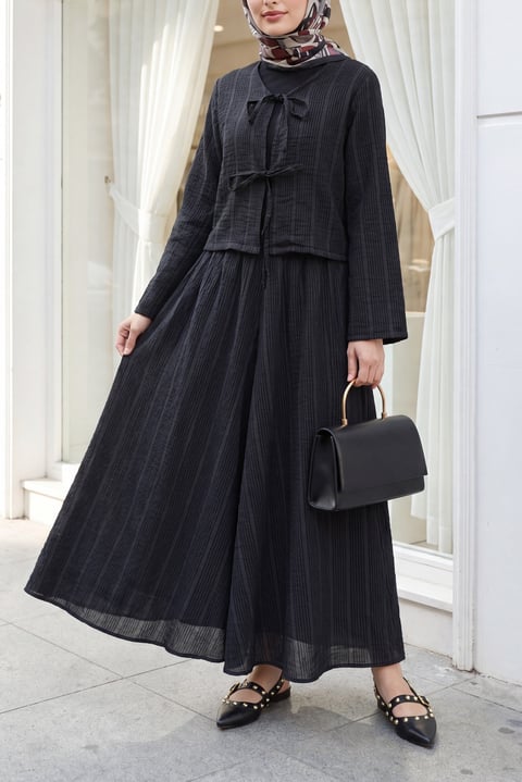 Önü Bağcıklı Eteği Astarlı Bürümcük Kimono Takım -Siyah