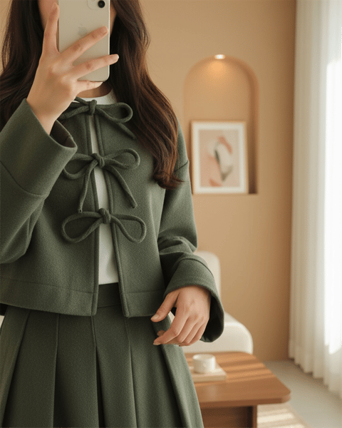 Önü Bağcıklı Etekli Kaşe Takım -Haki-Takım-346-3079-R05