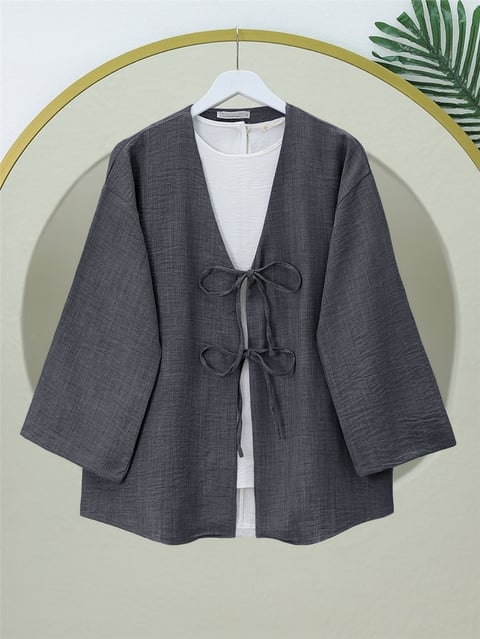 Önü Bağcıklı Keten Kimono   -Antrasit-Kimono&Kaftan-346-3062-R64