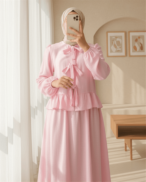 Önü Bağcıklı Kolu Lastikli Etekli Takım  -Pembe-Takım-111-40659-R20