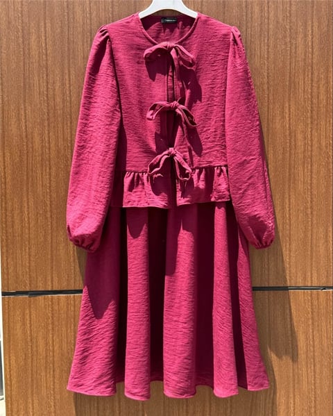 Önü Bağcıklı Kolu Lastikli Etekli Takım -Bordo-Takım-111-40659-R04
