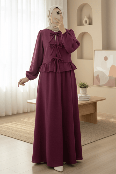 Önü Bağcıklı Kolu Lastikli Etekli Takım -Bordo-Takım-111-40659-R04
