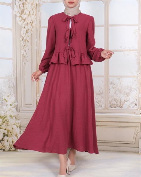 Önü Bağcıklı Kolu Lastikli Etekli Takım -Bordo-Takım-111-40659-R04