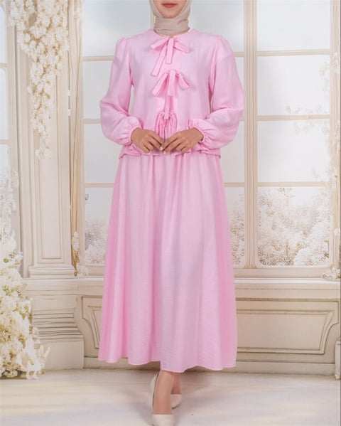 Önü Bağcıklı Kolu Lastikli Etekli Takım  -Pembe-Takım-111-40659-R20
