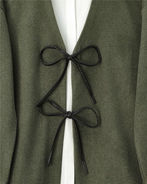 Önü Bağcıklı Oval Kesim Kaşe Kimono     -Haki-Ceket-346-3047-R05