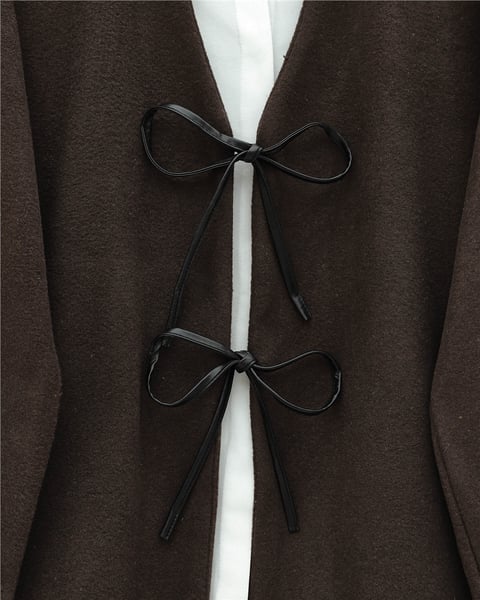 Önü Bağcıklı Oval Kesim Kaşe Kimono     -Kahve-Ceket-346-3047-R15