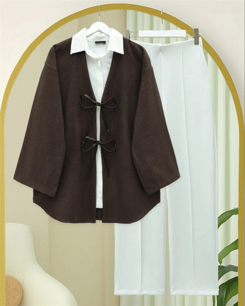 Önü Bağcıklı Oval Kesim Kaşe Kimono     -Kahve-Ceket-346-3047-R15