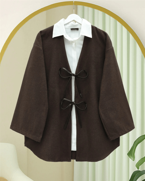 Önü Bağcıklı Oval Kesim Kaşe Kimono     -Kahve-Ceket-346-3047-R15