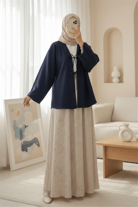 Önü Bağcıklı Oval Kesim Kaşe Kimono  -Laci-Kimono&Kaftan-346-3047-R03