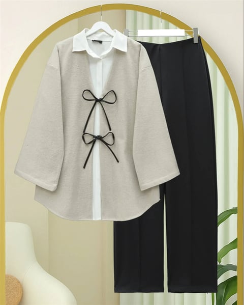 Önü Bağcıklı Oval Kesim Kaşe Kimono     -Taş-Ceket-346-3047-R43