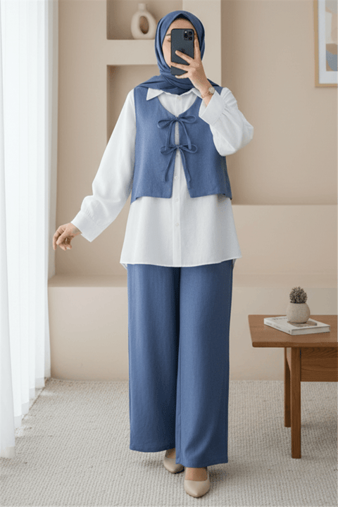 Önü Bağcıklı Pantolon Yelek İkili Keten Takım -İndigo-Takım-349-7028-R21