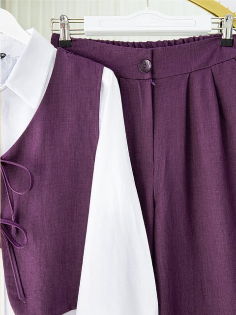 Önü Bağcıklı Pantolon Yelek İkili Keten Takım  -Mürdüm-Takım-349-7028-R09