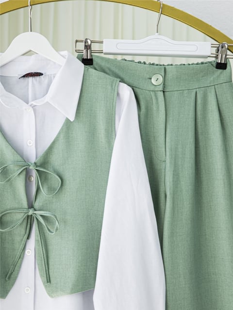 Önü Bağcıklı Pantolon Yelek İkili Keten Takım -Mint-Takım-349-7028-R24