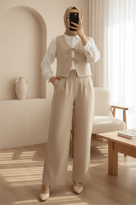 Önü Bağcıklı Pantolon Yelek İkili Keten Takım -Vizon-Takım-349-7028-R23