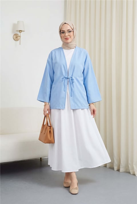 Önü Bağcıklı Poplin Kimono -Bebe Mavi-Kimono&Kaftan-253-13051-R32