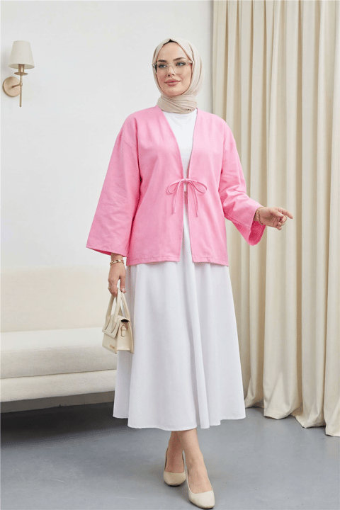 Önü Bağcıklı Poplin Kimono -Pembe-KİMONO&KAFTAN-253-13051-R20