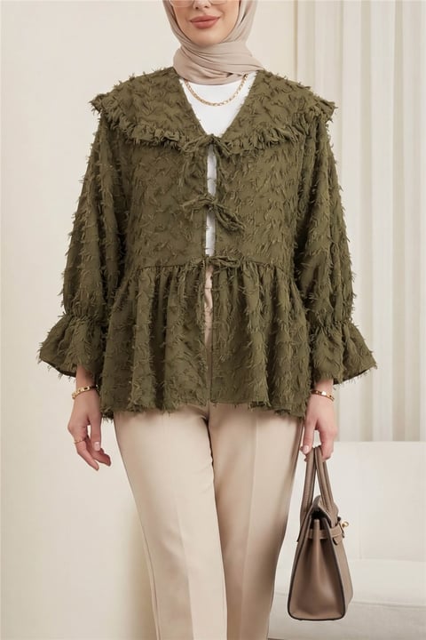 Önü Bağcıklı Tüylü Dokulu Clip Jakar Kimono -Haki-Kimono & Kaftan-398-44024-R05