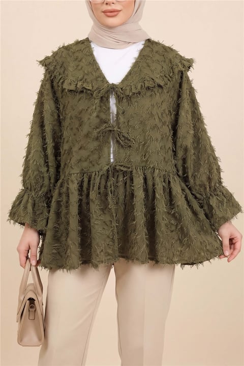 Önü Bağcıklı Tüylü Dokulu Clip Jakar Kimono -Haki-Kimono & Kaftan-398-44024-R05
