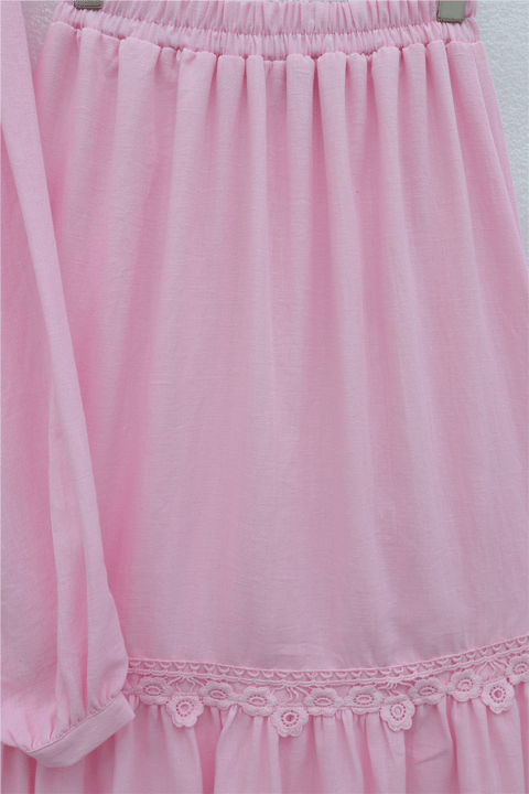 Önü Bağlamalı Dantel Detaylı Eteği Astarlı Keten Takım   -Pembe-Takım-431-263147-R20