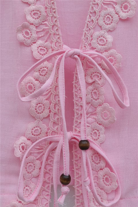 Önü Bağlamalı Dantel Detaylı Eteği Astarlı Keten Takım   -Pembe-Takım-431-263147-R20