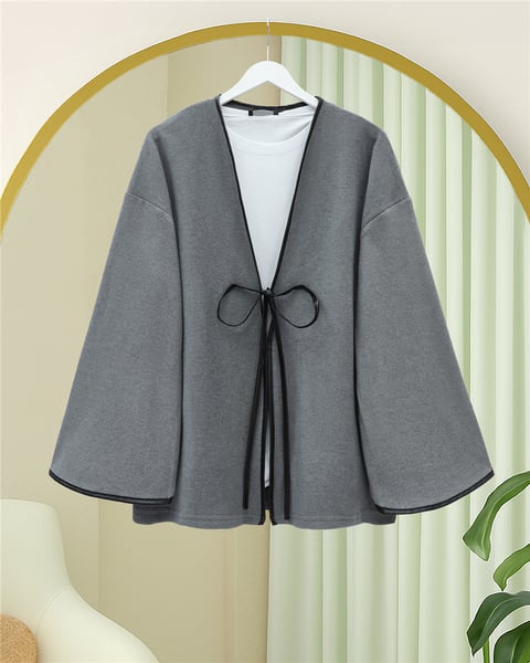 Önü Bağlamalı Deri Detaylı Salaş Kimono  -Gri-Kimono & Kaftan-253-13091-R11