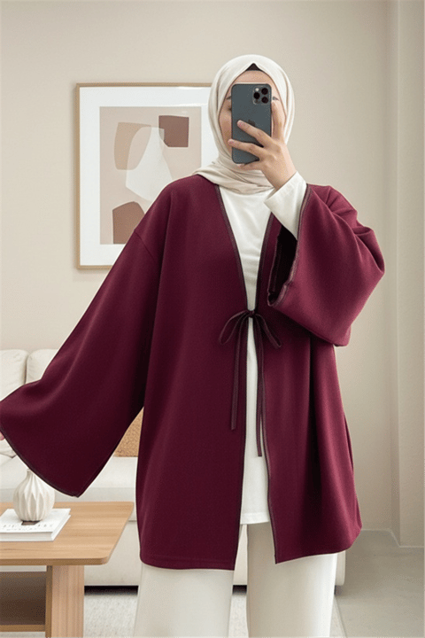 Önü Bağlamalı Deri Detaylı Salaş Kimono  -Bordo-Kimono & Kaftan-253-13091-R04