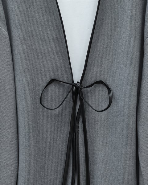 Önü Bağlamalı Deri Detaylı Salaş Kimono  -Gri-Kimono & Kaftan-253-13091-R11
