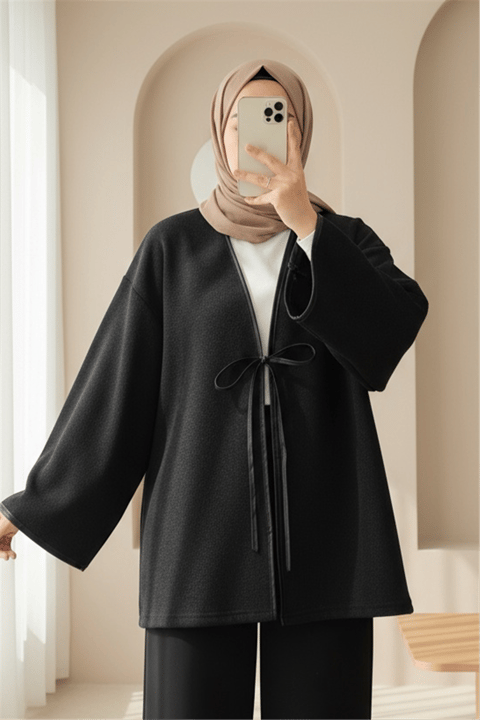 Önü Bağlamalı Deri Detaylı Salaş Kimono  -Siyah-Kimono & Kaftan-253-13091-R01