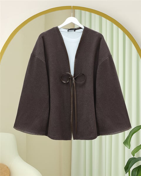 Önü Bağlamalı Deri Detaylı Salaş Kimono  -Toprak-Kimono & Kaftan-253-13091-R55