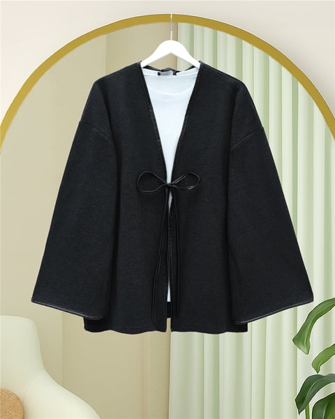 Önü Bağlamalı Deri Detaylı Salaş Kimono  -Siyah-Kimono & Kaftan-253-13091-R01