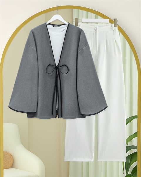 Önü Bağlamalı Deri Detaylı Salaş Kimono  -Gri-Kimono & Kaftan-253-13091-R11