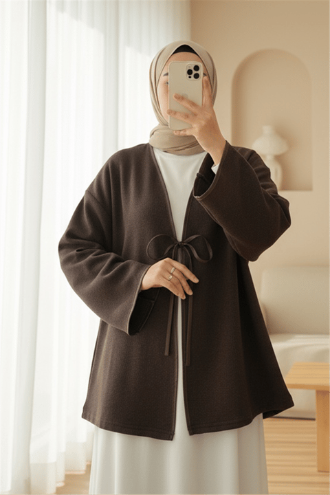 Önü Bağlamalı Deri Detaylı Salaş Kimono  -Toprak-Kimono & Kaftan-253-13091-R55