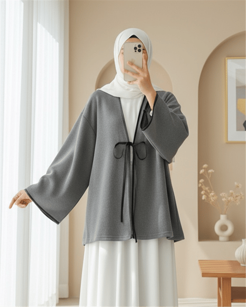 Önü Bağlamalı Deri Detaylı Salaş Kimono  -Gri-Kimono & Kaftan-253-13091-R11