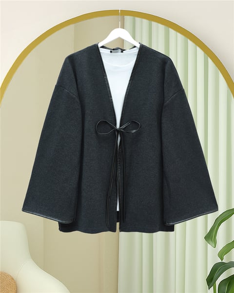 Önü Bağlamalı Deri Detaylı Salaş Kimono  -Antrasit-Kimono & Kaftan-253-13091-R64