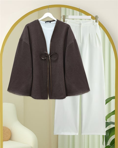 Önü Bağlamalı Deri Detaylı Salaş Kimono  -Toprak-Kimono & Kaftan-253-13091-R55
