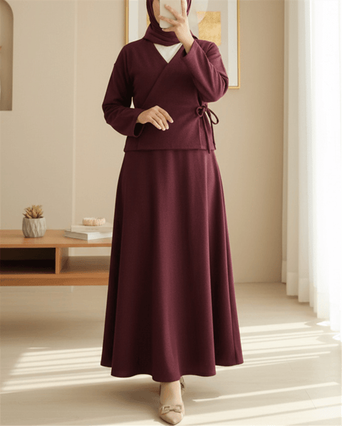 Önü Bağlamalı Etekli Kaşe Kimono Takım -Bordo-Takım-346-3078-R04