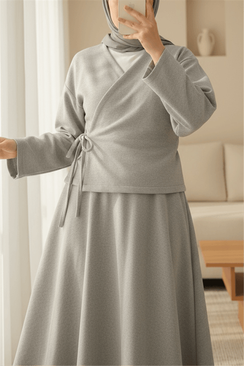 Önü Bağlamalı Etekli Kaşe Kimono Takım -Gri-Takım-346-3078-R11