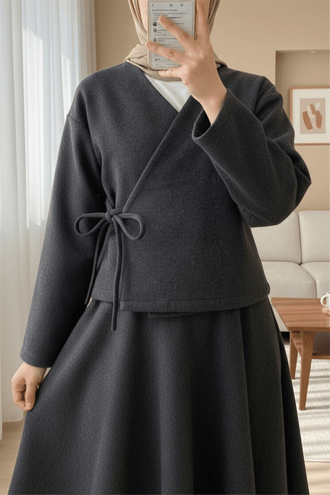 Önü Bağlamalı Etekli Kaşe Kimono Takım -Antrasit-Takım-346-3078-R64